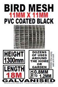 Bird Mesh – High END Black & PVC Coated - 18mx1.3m 11x11mm Holes - DELIVERED