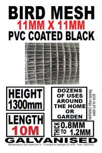 Bird Mesh – High END Black & PVC Coated - 10mx1.3m 11x11mm Holes - PICK UP
