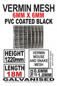 Vermin Mesh Fencing DELIVERED 1220mm x 18m - 6mm x 6mm Squares BLACK Galvanized Wire 